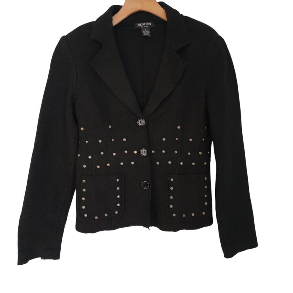 Clothes by‎ Revue 100% Wool Size S Black Studded Cardigan Sweater Jacket
